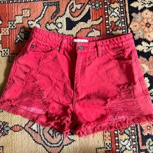 KanCan Red Distressed Shorts